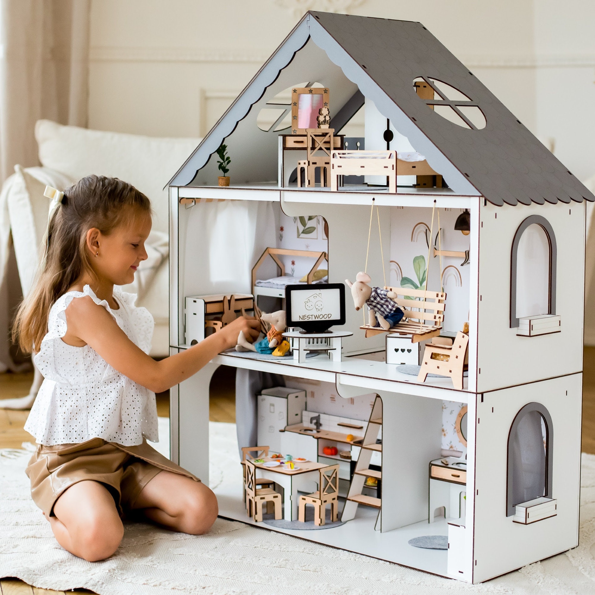 Enchanting Wooden Dollhouse with Ladder and Loft